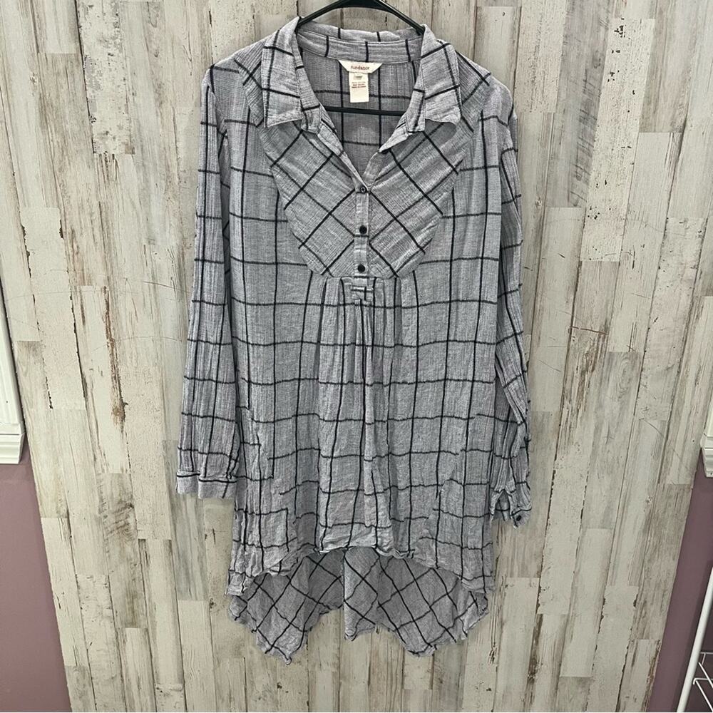 Sundance Grey Black Windowpane Check Dress Tunic Top Cotton Hi Lo